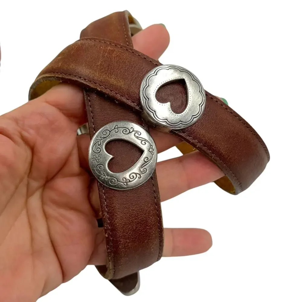Vtg Brighton Kids Brown Leather Heart Concho Western Belt Silver M/25 Womens XXS